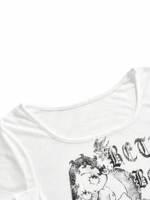 Betty Boop | ROMWE Y2K Baddie Spring/Summer Collab Vintage Distressed Print Cropped Ruched T-Shirt - White - View 3