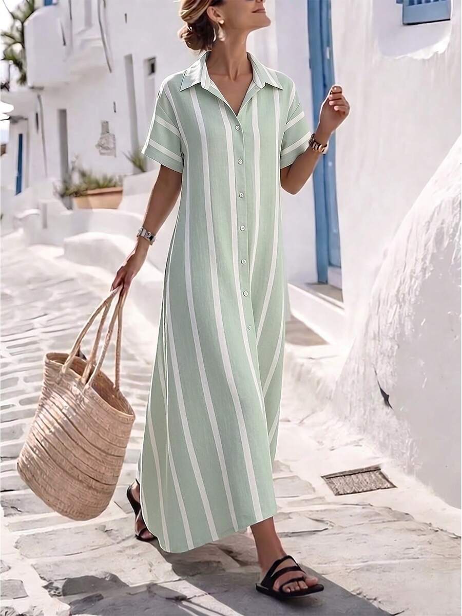 SHEIN Holidaya Đầm sơ mi nữ thanh lịch, dáng rộng, kẻ sọc màu xanh bạc hà, chất liệu giả lanh, dáng maxi chữ A dài đến mắt cá chân, ôm dáng, thích hợp cho kỳ nghỉ, du lịch biển, đi làm và mặc hàng ngày. - Màu xanh Bạc hà - Xem 1