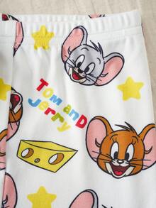 TOM & JERRY X SHEIN 男婴卡通字母印花圆领短袖上衣和短裤休闲家居服套装 - 白色 - 查看 4