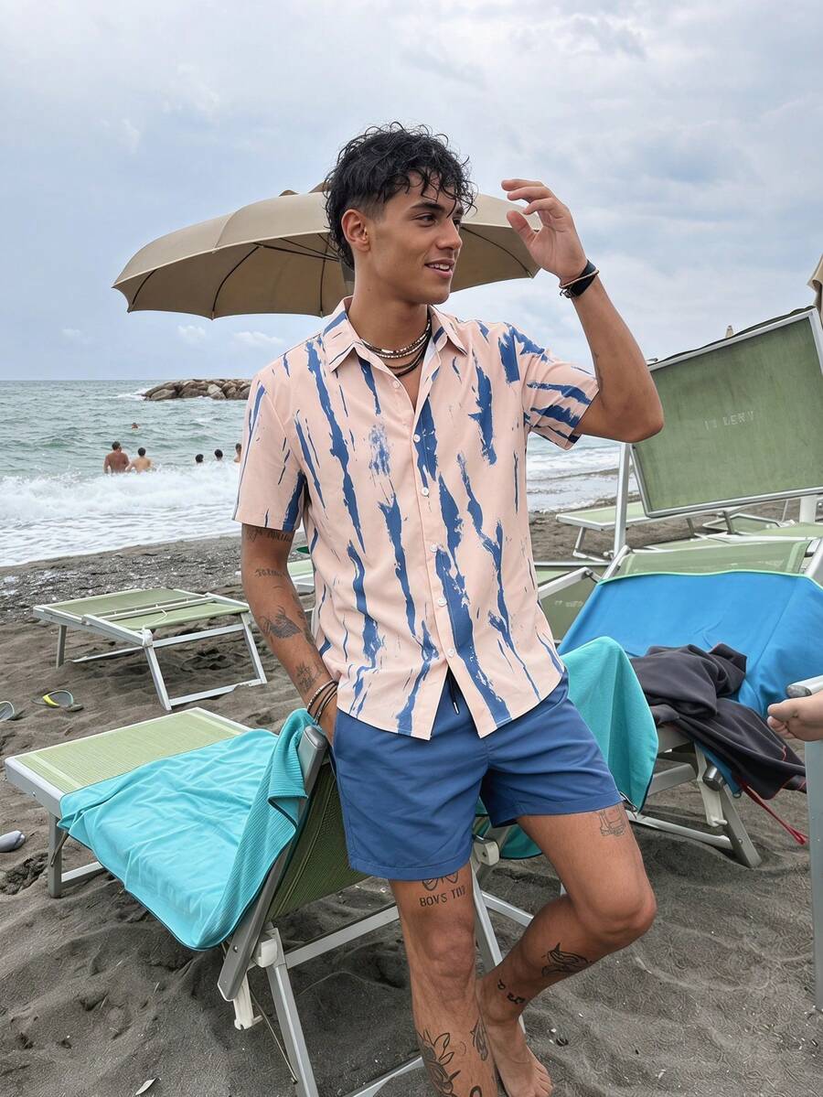 Solantero 男士夏季休闲扎染短袖衬衫和抽绳腰短裤套装男士泳裤泳装,夏季可爱风格,夏威夷 - 彩色 - 查看 1