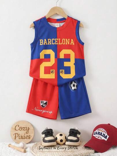 Cozy Pixies 2pcs/Set Young Boy Numeric Pattern Knit Soft Round Neck Short Sleeve Pullover Top And Elastic Waist Shorts