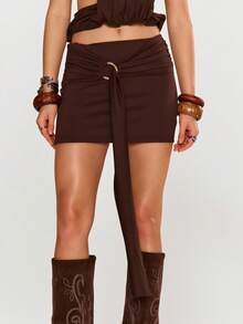 MUSERA Ring Detail Drape Mini Skirt Only Summer Holiday Vacation Beach Ibiza Cute Festival Elegant Cherry Moon - Brown - View 2