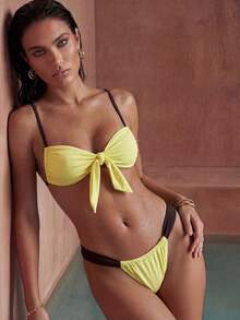 Anewsta Bikini de verano con contraste de color y nudo delantero para vacaciones en la playa - Multicolor - Ver 1