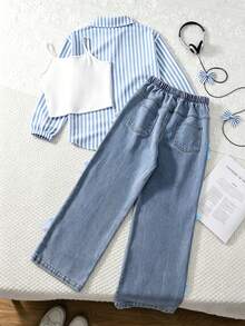 SHEIN 3pcs/Set Big Girls' Spring/Autumn Striped Long Sleeve Shirt & Loose Light Blue Denim Jeans, Sweet Casual Outfit For Daily Wear - Blue - View 2