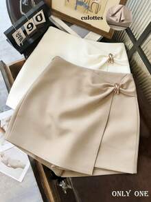 SHEIN PETITE Váy quần nữ màu trơn, trang trí kim loại, vạt bất đối xứng. - Màu Khaki - Xem 3