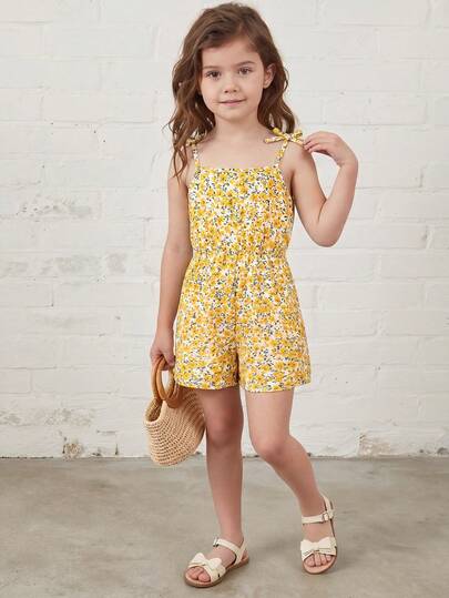 SHEIN Young Girl Floral Print Ruffle Casual Jumpsuit For Daily Wear