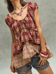 SHEIN BohoFeels Women's Casual Woven Plaid V-Neck Ruffle Hem Blouse - Burgundy - View 5