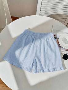SHEIN EZwear 3件套女士系带腰宽松休闲荷叶边刺绣短裤套装，贴布图案 - 彩色 - 查看 5
