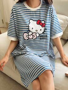 HELLO KITTY | DAZY 女士波点蝴蝶结印花条纹宽松睡裙，夏季 - 藍色 - 查看 4