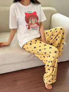 DAZY 女士卡通印花上衣和星星印花裤子睡衣套装 夏季 - 白色 - 查看 6