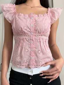 SHEIN Women's Casual And Elegant Boho Pink Lace Trim Button Front Ruffle Sleeve Blouse,Suitable For/Relaxing Vacation/Romantic Date/School Day/Beach Vacation - Pink - View 1