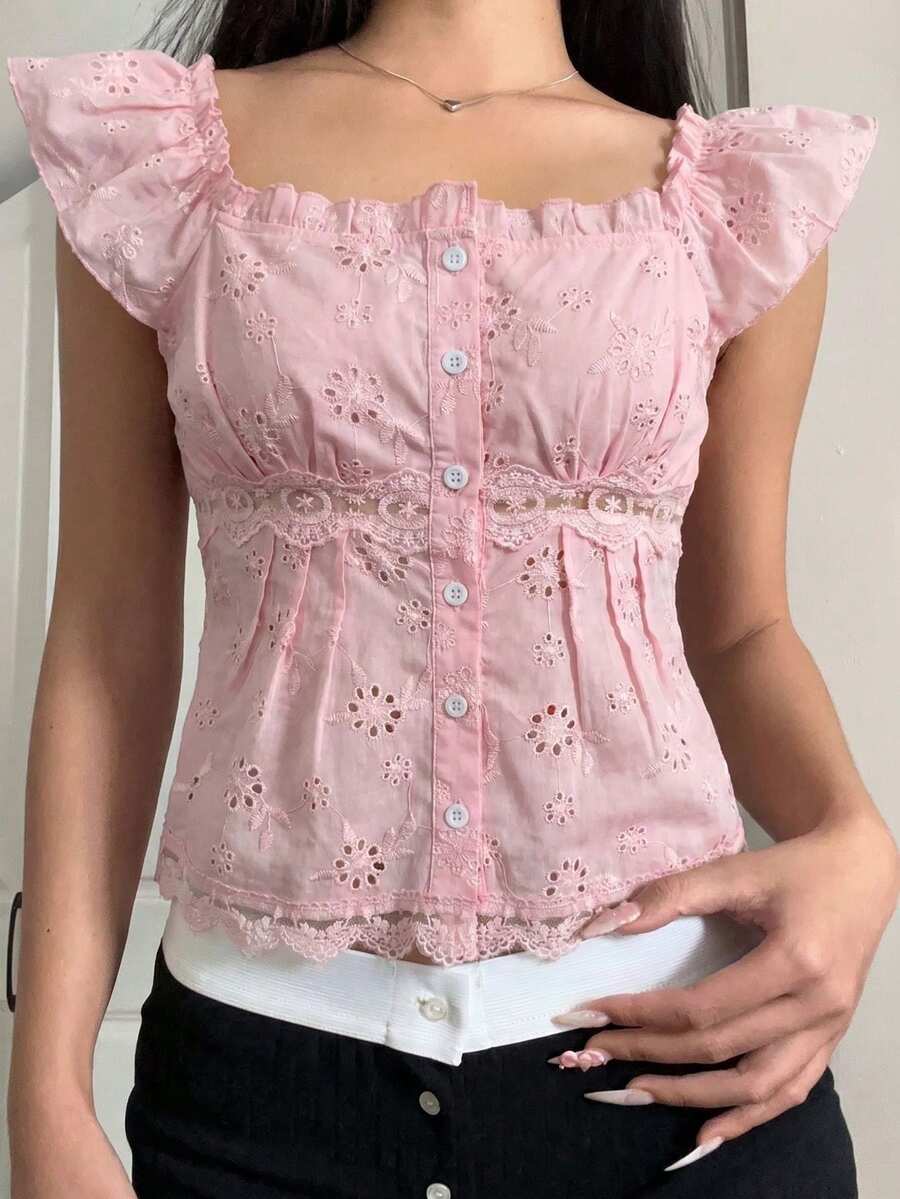 SHEIN Women's Casual And Elegant Boho Pink Lace Trim Button Front Ruffle Sleeve Blouse,Suitable For/Relaxing Vacation/Romantic Date/School Day/Beach Vacation - Pink - View 1