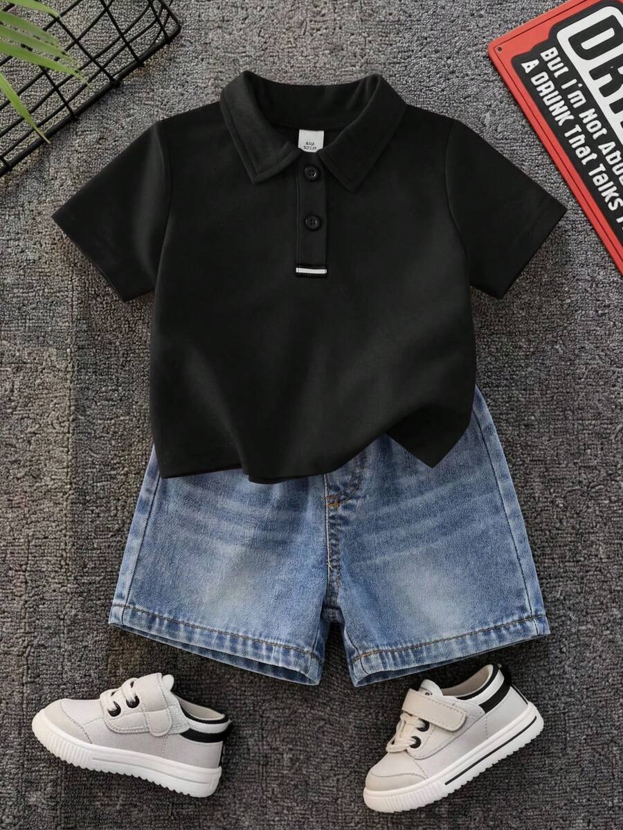 SHEIN 2件套男婴学院风休闲红色Polo衫和蓝色牛仔短裤套装,适合夏季生日派对、锐舞派对、晚宴、演出、婚礼、迎婴派对和一周岁生日庆祝活动。 - 黑色 - 查看 1