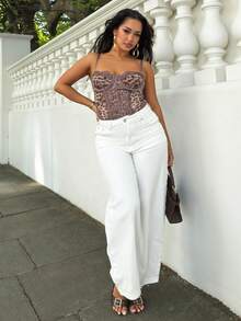 豹纹紧身胸衣蕾丝边连体衣，性感度假/节日，派对，约会之夜，情人节，下午茶 - 棕色 - 查看 3