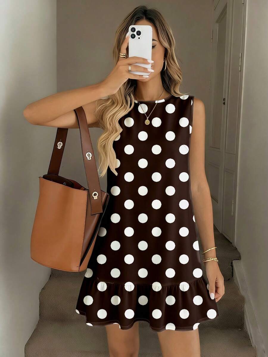 SHEIN LUNE Women's Printed Mini Dress, Suitable For Spring And Summer - Brown - View 1