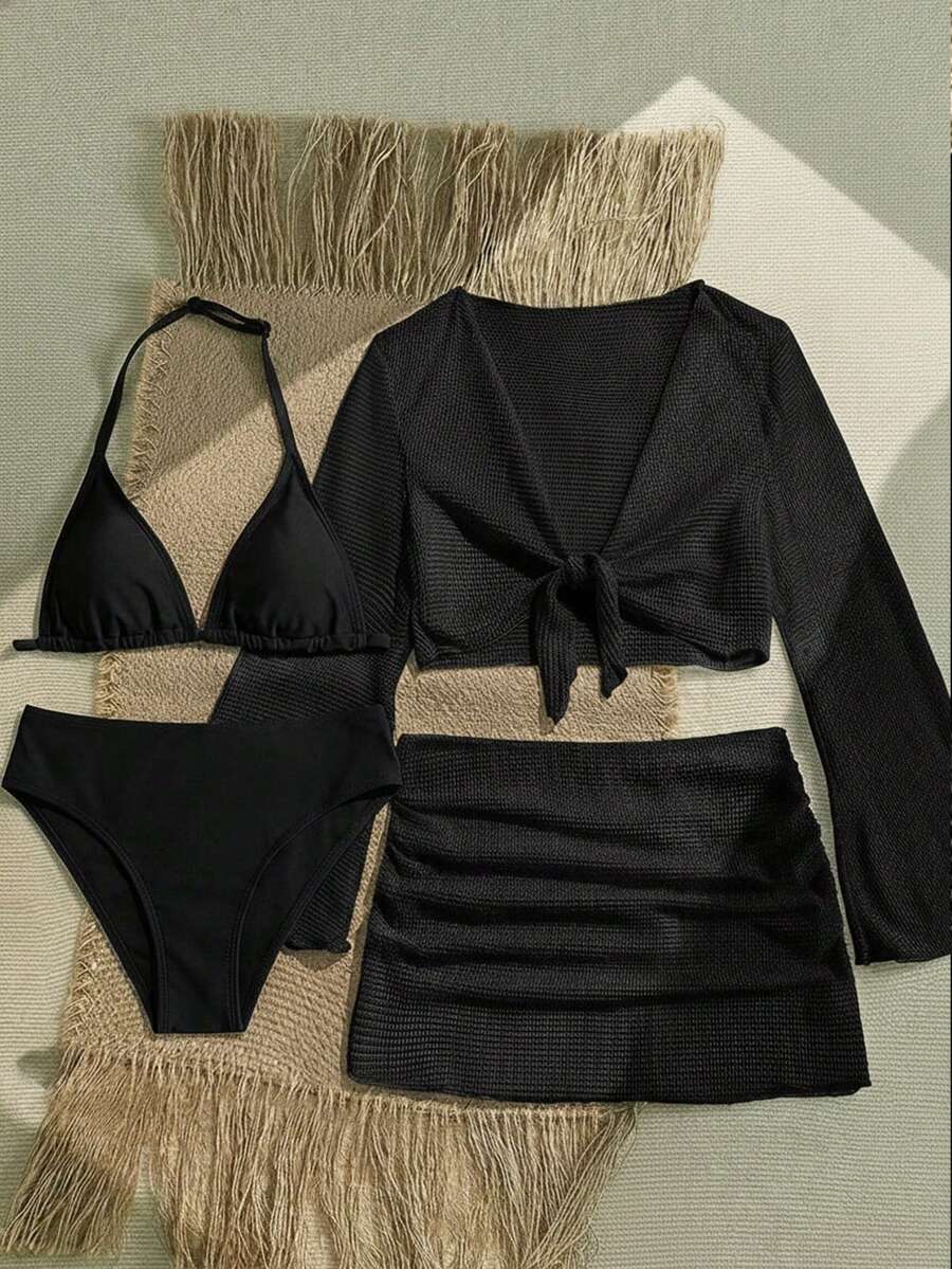 SHEIN 四件套少女白色泳装套装,包含罩衫和比基尼,适合海滩度假 - 黑色 - 查看 1