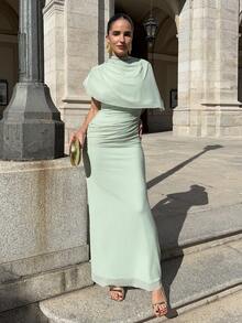 Marta Soriano Elegant Minimalist Commuter Fashion Elastic Waist Design Multilayer Ruffle Waist Ruffle Flattering Long Dress, Suitable For Work, Date, Vacation - Green - View 1