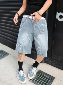 Manfinity EMRG Unisex Frayed Letter Embroidered Denim Shorts - Blue - View 6