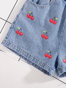 SHEIN Bộ đồ cho bé gái tuổi teen: Áo tay ngắn in hình quả anh đào và quần short denim có túi. - Màu vàng - Xem 6