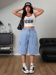 SHEIN ICON Pantalones cargo azul desgastado de corte recto y holgado con bolsillos grandes - Azul lavado medio - Ver 4
