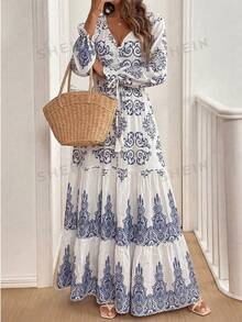 Breezaya Đầm maxi dài tay, buộc dây phía trước, xếp ly, in họa tiết toàn thân, thích hợp mặc dịp năm mới. - Màu xanh lam - Xem 3