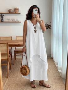 Enliva Váy dài màu trắng cổ chữ V không tay 2 trong 1 cỡ lớn cho kỳ nghỉ hè dành cho nữ, Kỳ nghỉ hè, Trang phục nghỉ mát cho nữ, Đơn giản và thời trang để mặc hàng ngày, Phong cách kỳ nghỉ, Kỳ nghỉ xuân, Trang phục thường ngày SS, Bohemia, Váy bồng bềnh - trắng - Xem 4