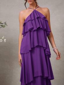 L'Amorae Elegant Romantic Wedding Guest Solid Halter Tiered Chiffon Maxi Dress - Purple - View 5