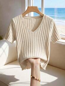 SHEIN Franclia Áo nữ mùa hè mới, chất liệu dệt kim gân màu trắng ngà, tay ngắn, cổ chữ V, dáng ôm, viền ren, họa tiết sọc dọc, phong cách tối giản thường ngày. - Màu be - Xem 7