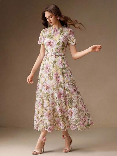 Anewsta Vestido con cinturón de encaje elegante, estampado floral hidrosoluble, vestido corto de manga corta y cuello redondo con silueta evasé, que ciñe la cintura y estiliza, estilo vacacional para mujeres