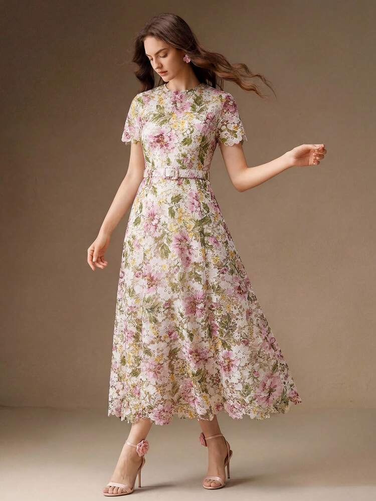 Elegant Lace Waist Belt Dress, Water-Soluble Floral Print, Round Neck Short Sleeve A-Line Dress, Waist Cinching, Slimming, Vacation Style For Women