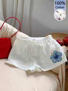 Comfortcana Quần short nữ 100% cotton in họa tiết hoa dâm bụt màu xanh cổ điển - Hoàn hảo cho mùa hè ở đảo Hawaii, các lễ hội âm nhạc, dã ngoại bãi biển, kỳ nghỉ hè, những ngày nghỉ mát bên bờ biển trắng xóa, dễ thương và mềm mại. - trắng - Xem 2