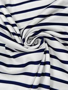 Women's Casual Striped Round Neck Batwing Sleeve T-Shirt, Summer - Navy Blue - View 3