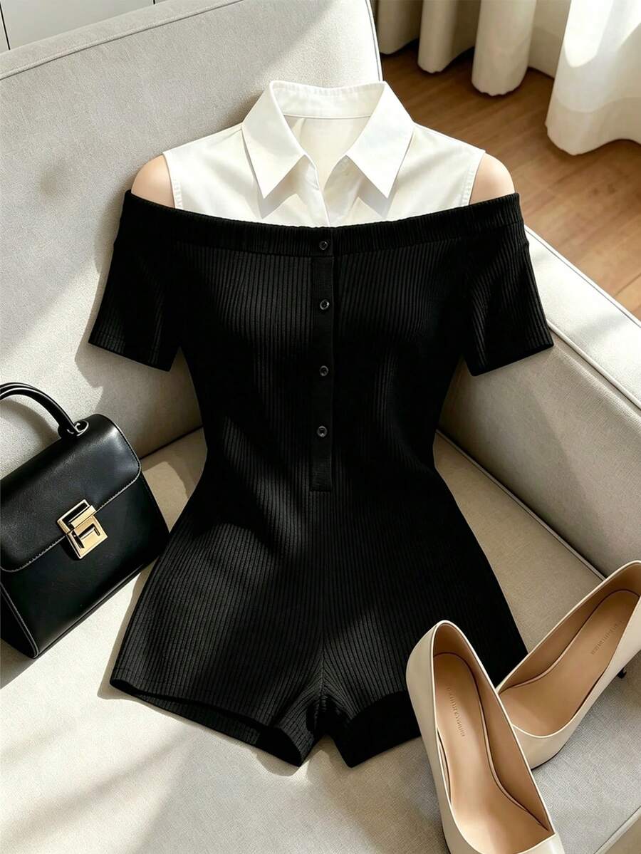 SHEIN Franclia جمبسوت نسائية فرنسية عصرية أسيمترية ذات ياقة عالية بأكمام طويلة باللونين الأسود والأبيض، مناسبة للشتاء وأعياد الميلاد ورأس السنة والشاطئ والمناسبات الرسمية والرومانسية والتخرج، ملابس كاجوال للذهاب إلى العمل، وارتداء يومي متعدد الاستخدامات