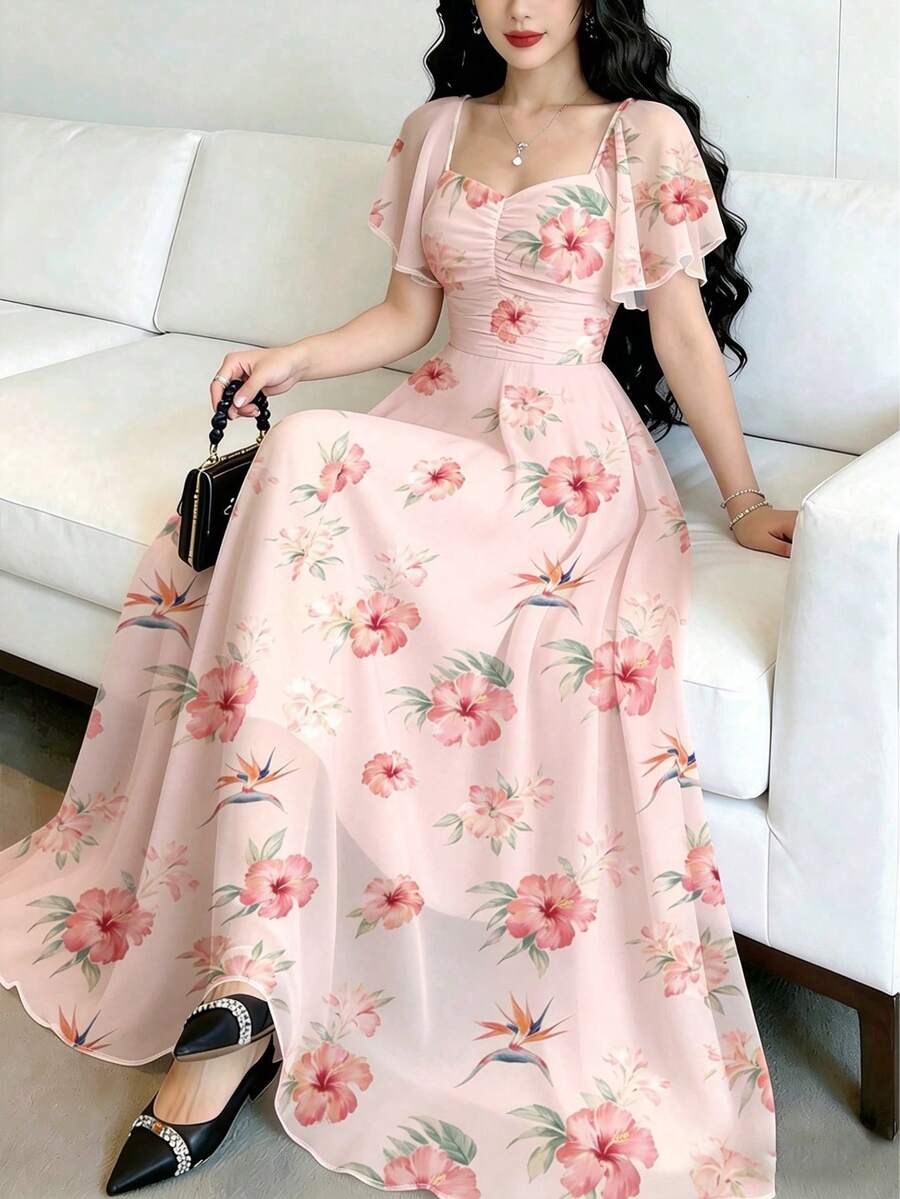 Modelyn 芙蓉花印花时尚方领短袖浅粉色碎花连衣裙,夏季收腰优雅连衣裙,适合夏季度假、日常穿着、海滩度假 - 彩色 - 查看 1