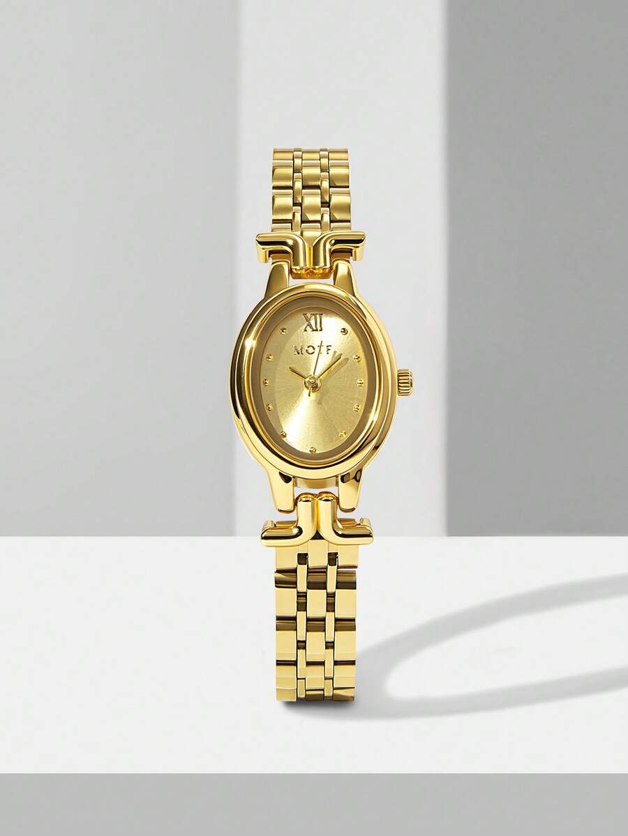MOTF PREMIUM JAM TANGAN WANITA DENGAN MANIK-MANIK EMAS, KUKU, DAN STRIP BAJA OVAL, QUARTZ - Emas - View 1