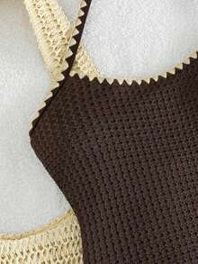 na pieza para mujer, de color marrón oscuro con textura y ribete de ganchillo beige, con cuello halter, espalda con lazos y corte alto, estilo vintage para playa y resort, primavera y Pascua - Marrón - Ver 7