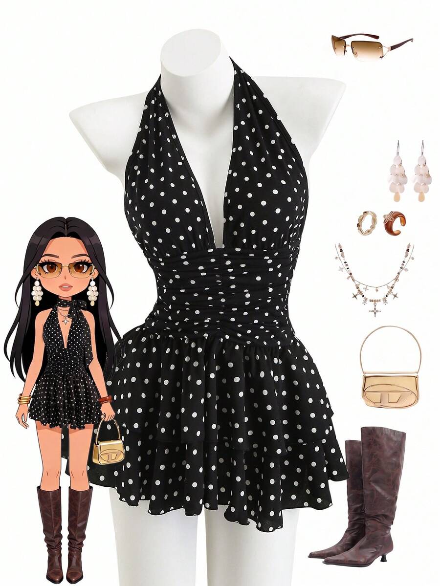 Sweetra Black And White Polka Dot Deep V-Neck Backless Spaghetti Strap Bodycon Mini Dress,1920s Flapper Elegant Summer Vacation Plus Size Ruffle Hem - Black and White - View 1