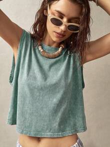 Bohemela Áo tank top không tay cổ tròn dành cho nữ đi nghỉ mát - Màu xanh lá cây đậm - Xem 3