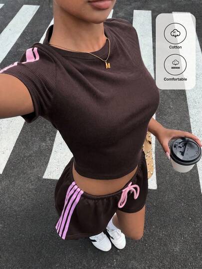 Muchica Women's Casual Cotton Striped Knit Set, Women's Sportswear Set, Women's Summer 2-Piece Set, Suitable For Daily Commute, Dating, Gathering, Autumn/Winter/Summer, Christmas, New Year, Thanksgiving, Party, Wedding, Beach, Graduation Ceremony, Fashionable, Elegant, Casual, Outing, Dating, Reservation, Commuting, Shiny, Valentine's Day, Elegant, Vacation, Casual, Y2K, Outing, Graduation Ceremony And Other Occasions.