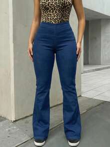 Jeggins dama mujer talle alto tipo acampanados flare ajuste elástico en cintura cómodo ligero moda juvenil versátil stretch - Azul lavado medio - Ver 2