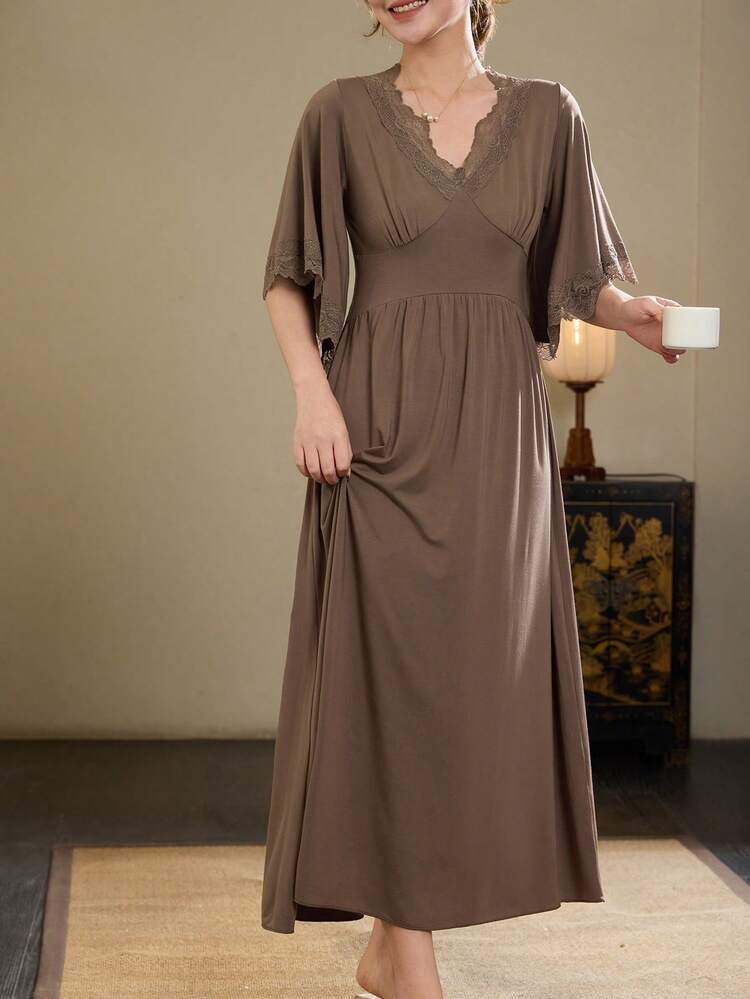 Women's Elegant Knit Lace Patchwork Ruffle Hem Midi Nightgown, Summer