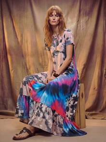 Hansera Vestido de verano de manga corta, cuello redondo, suelto con estampado asimétrico - Multicolor - Ver 3