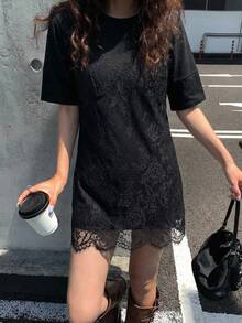 DAZY 女士蕾丝拼接无袖二合一短袖连衣裙 - 黑色 - 查看 1