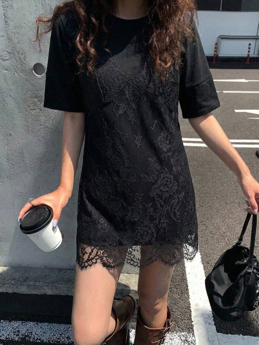 DAZY 女士蕾丝拼接无袖二合一短袖连衣裙 - 黑色 - 查看 1