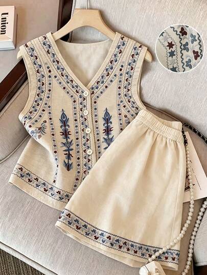 GlowEve Women's Vacation Casual Daily Wear Summer Outfit, Sleeveless V-Neck Vest Cardigan Button Top + High Waist Shorts Two Pieces Set Summer Outfit For Women Beach Outfit For Women Casual Sets For Women