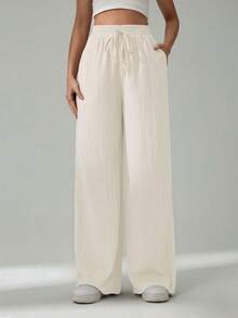 SHEIN Tall Pantalones casuales de unicolor con cordones para mujer, para ir al trabajo, para mujeres altas - Beis - Ver 6