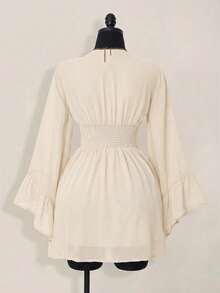 SHEIN ICON Đầm ngắn nữ màu trơn, xếp ly eo, thanh lịch, thích hợp cho tiệc tùng và đi chơi. - Màu be - Xem 2