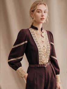 Anewsta Women's Spring Vintage Collar Blouse, Embroidered Lace Patchwork Pearl Button Sleeve Red Shirt, Suitable For Daily Work, Dating, Evening Party, Women's Work Outfits - Coffee Brown - View 5
