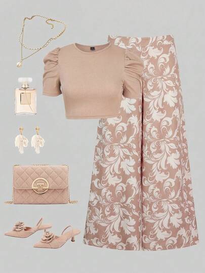Ellevyn Women's Solid Color Gigot Sleeve T-Shirt And Green Floral Print Pants 2-Piece Set Beige Outfits For Women Tea Party Outfit Women Wedding Guest Outfit Elegant Outfit For Women Elegant 2 Piece Set