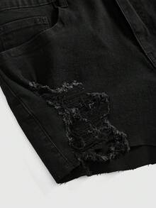 ROMWE Plus Size Distressed Design Versatile High Stretch Sexy Slim Fit Mini Denim Shorts, All-Match Black - Black - View 6